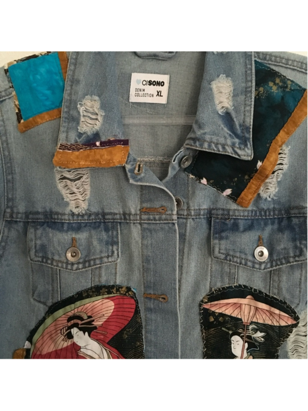 Handmade Upcycled Denim Jacket Geisha Girl Art Kimono XL - Picture 5 of 12